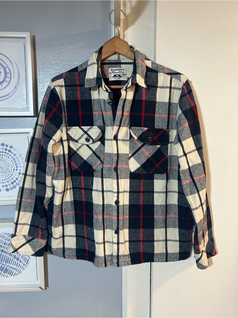 Alcott Women’s Flannel Shacket Navy White Red Plaid Button-Up Shirt Jacket Sz XL